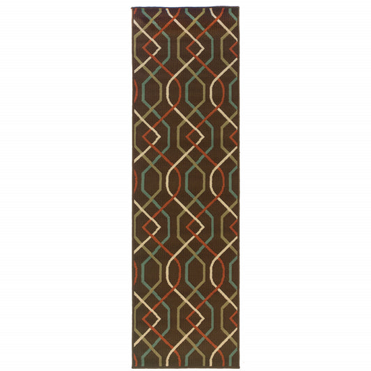 2' X 8' Brown and Ivory Geometric Stain Resistant Indoor Outdoor Area Rug