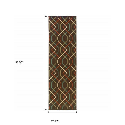 2' X 8' Brown and Ivory Geometric Stain Resistant Indoor Outdoor Area Rug