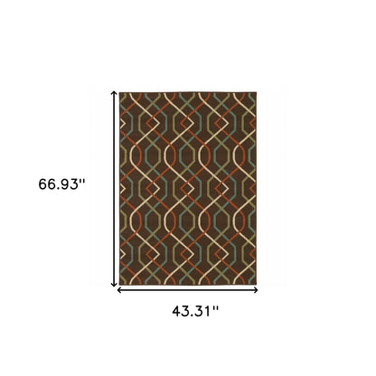 4' X 6' Brown and Ivory Geometric Stain Resistant Indoor Outdoor Area Rug