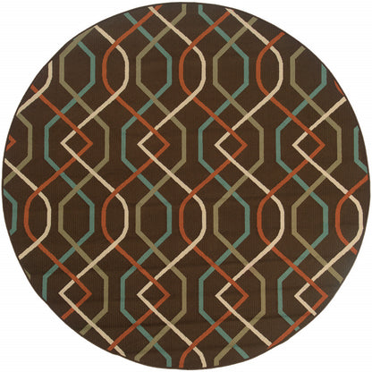 8' X 8' Brown and Ivory Round Geometric Stain Resistant Indoor Outdoor Area Rug