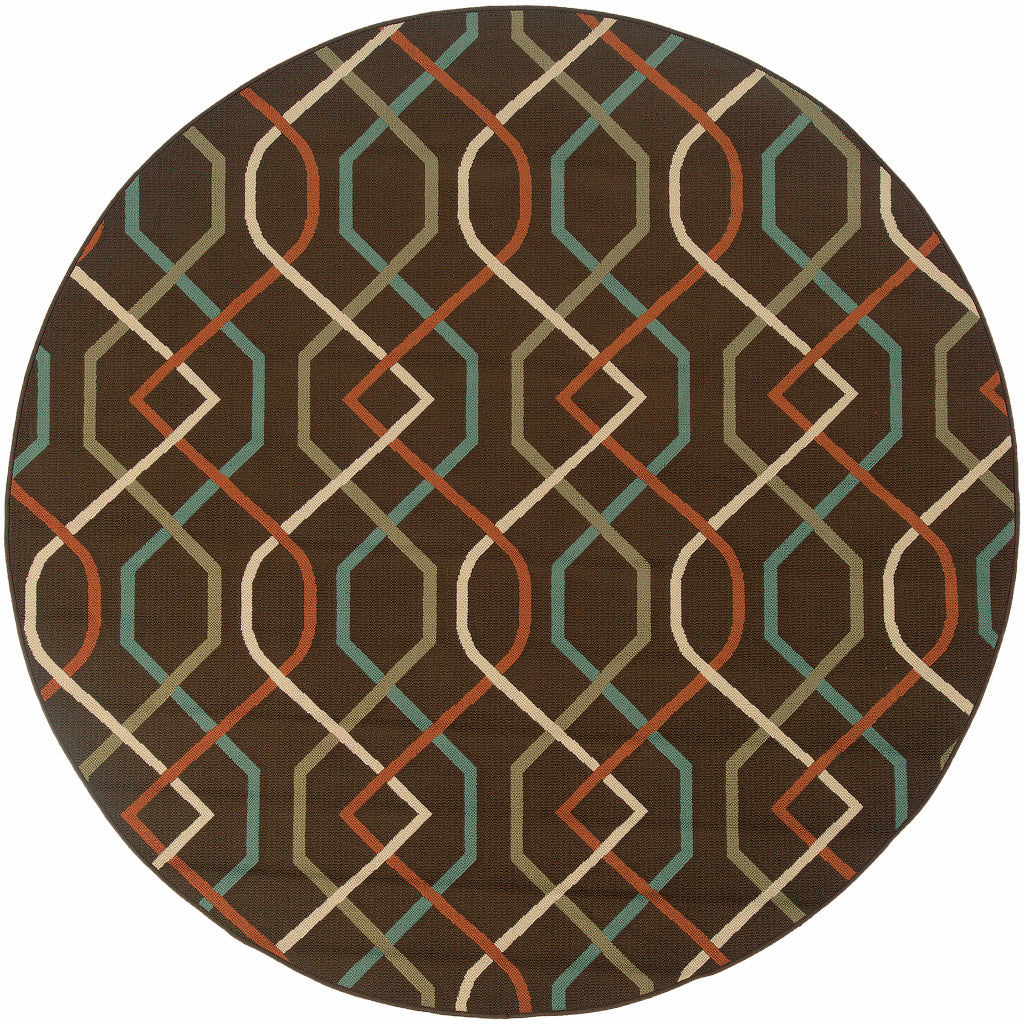 8' X 8' Brown and Ivory Round Geometric Stain Resistant Indoor Outdoor Area Rug