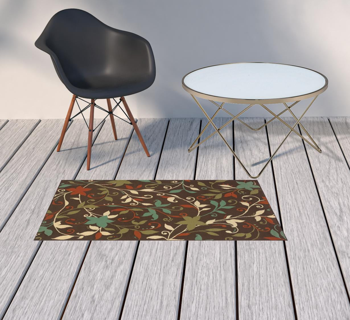 2' X 4' Brown Floral Stain Resistant Indoor Outdoor Area Rug