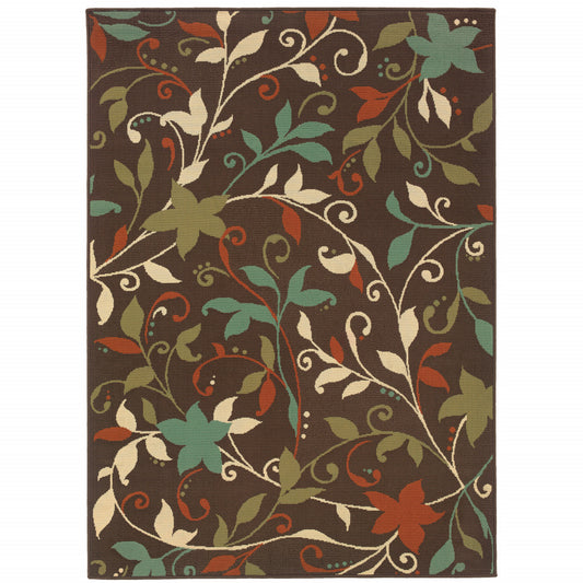 2' X 4' Brown Floral Stain Resistant Indoor Outdoor Area Rug