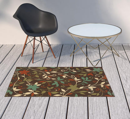 2' X 4' Brown Floral Stain Resistant Indoor Outdoor Area Rug