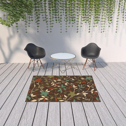 5' X 8' Brown Floral Stain Resistant Indoor Outdoor Area Rug