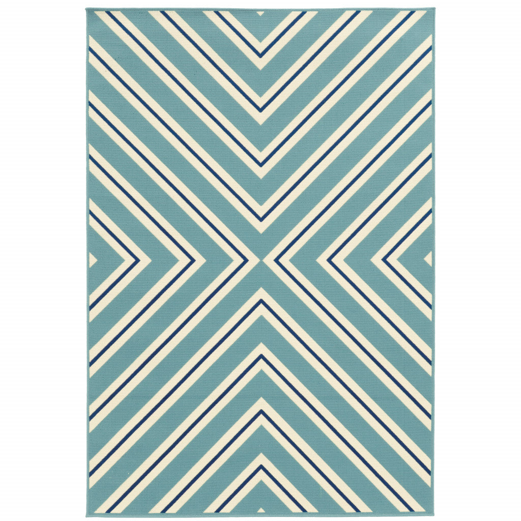 9' X 13' Blue Geometric Stain Resistant Indoor Outdoor Area Rug