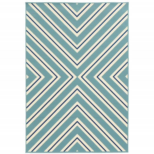 9' X 13' Blue Geometric Stain Resistant Indoor Outdoor Area Rug