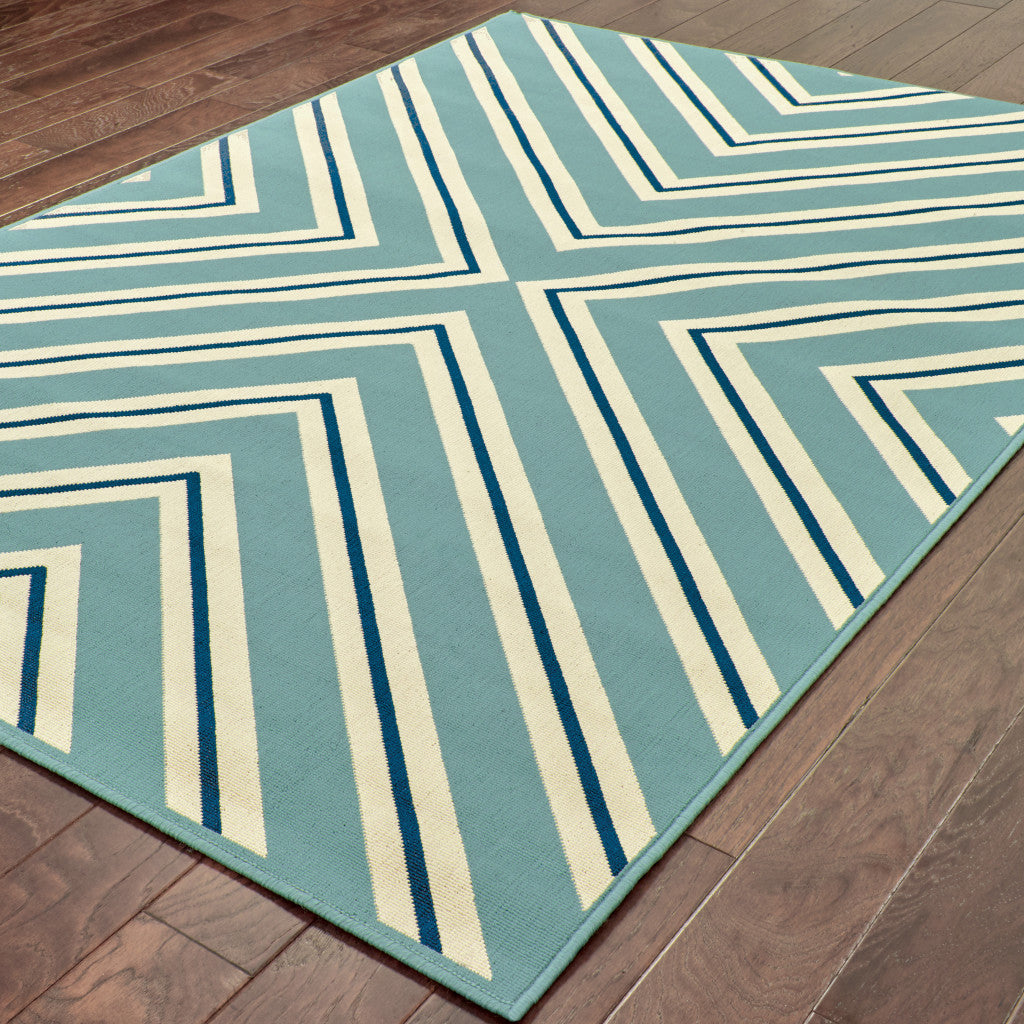 9' X 13' Blue Geometric Stain Resistant Indoor Outdoor Area Rug