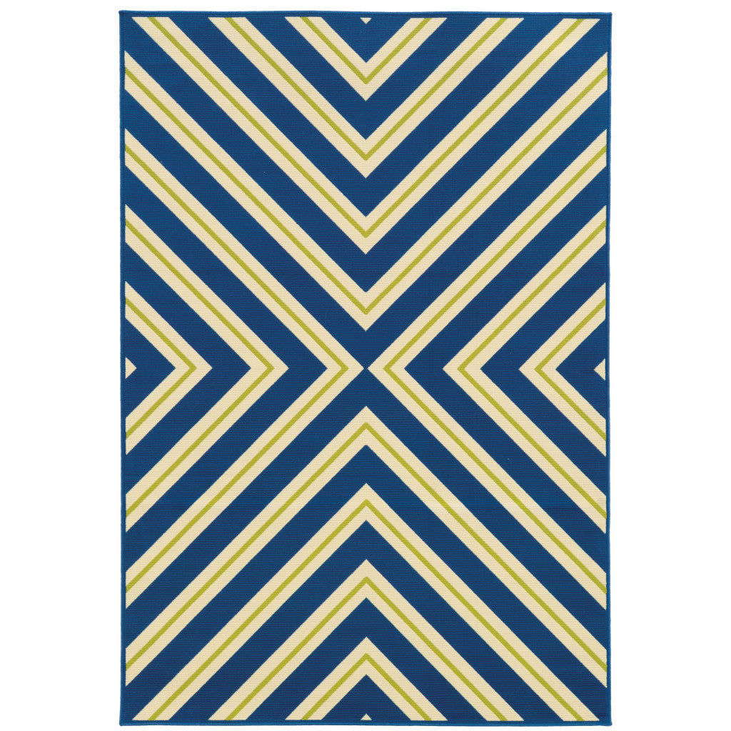 9' X 13' Blue and Ivory Geometric Stain Resistant Indoor Outdoor Area Rug