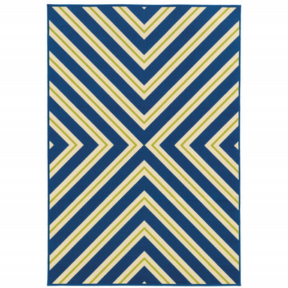 9' X 13' Blue and Ivory Geometric Stain Resistant Indoor Outdoor Area Rug