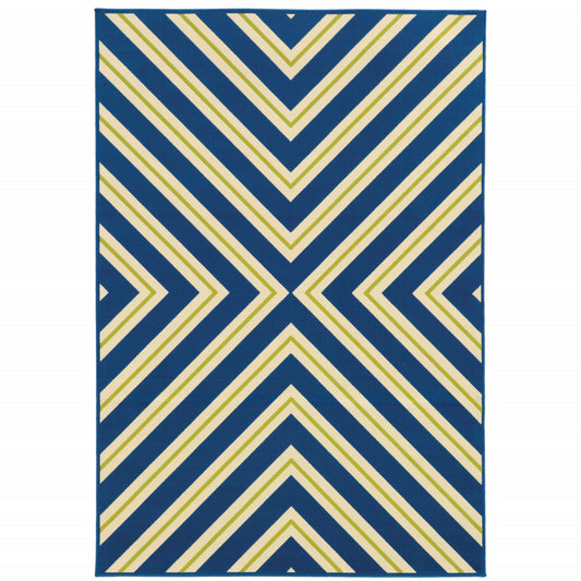 9' X 13' Blue and Ivory Geometric Stain Resistant Indoor Outdoor Area Rug