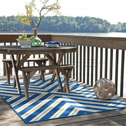 9' X 13' Blue and Ivory Geometric Stain Resistant Indoor Outdoor Area Rug