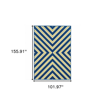 9' X 13' Blue and Ivory Geometric Stain Resistant Indoor Outdoor Area Rug