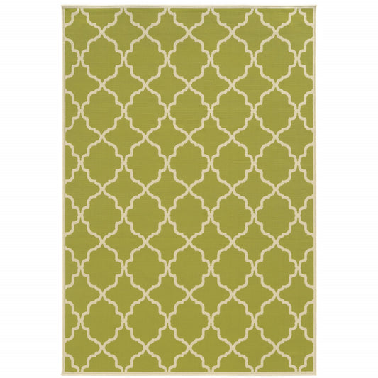 9' X 13' Green and Ivory Geometric Stain Resistant Indoor Outdoor Area Rug