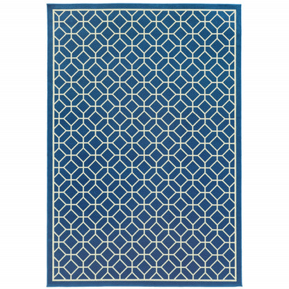 8' X 11' Blue and Ivory Geometric Stain Resistant Indoor Outdoor Area Rug