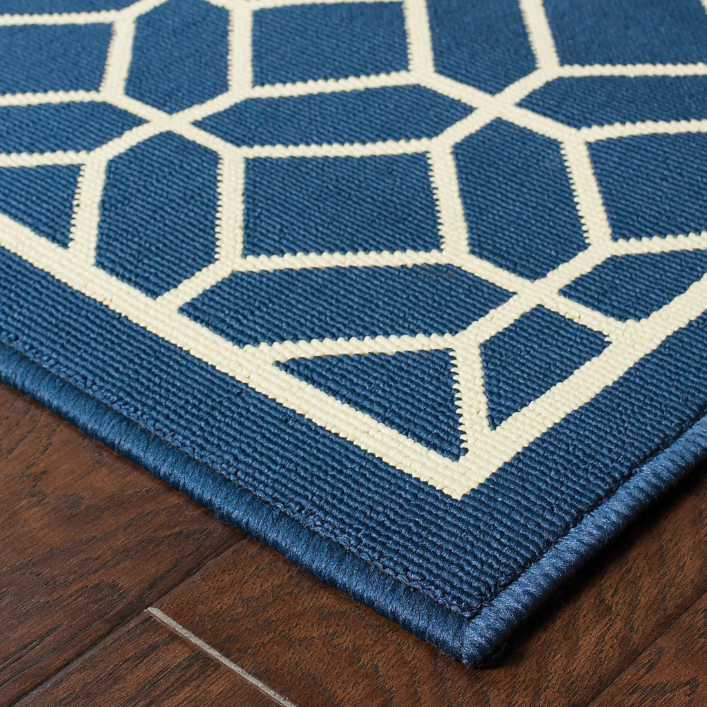 8' X 11' Blue and Ivory Geometric Stain Resistant Indoor Outdoor Area Rug