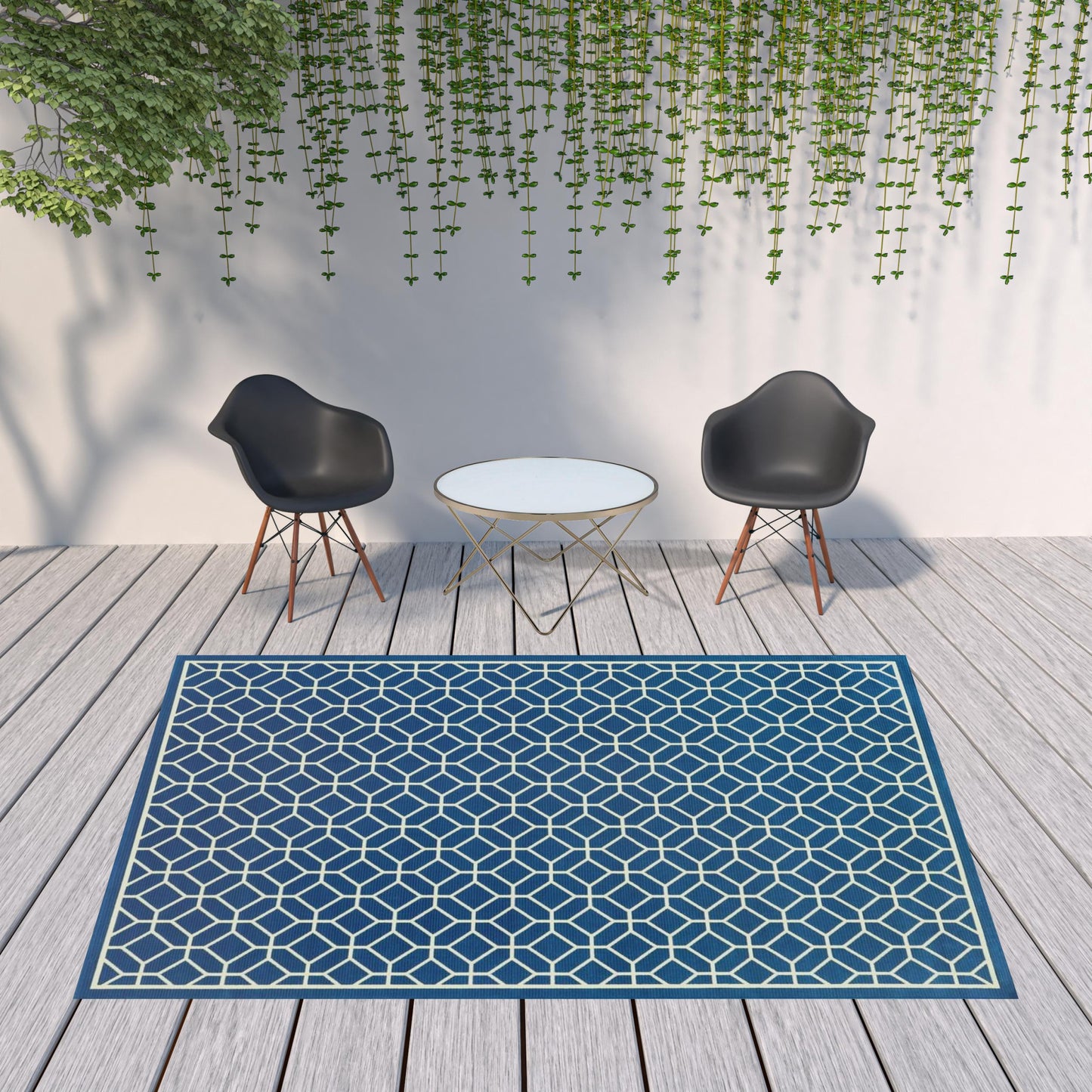 8' X 11' Blue and Ivory Geometric Stain Resistant Indoor Outdoor Area Rug