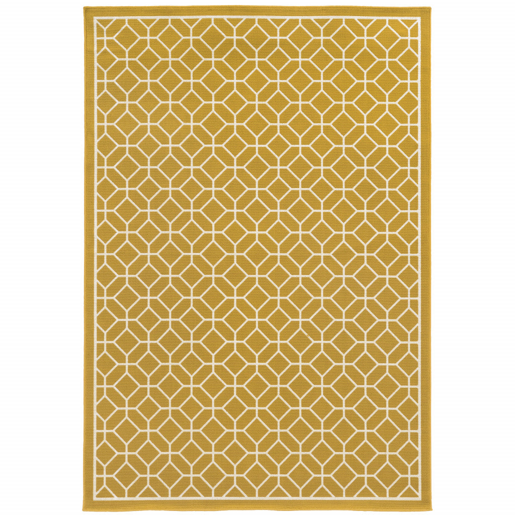 9' X 13' Gold and Ivory Geometric Stain Resistant Indoor Outdoor Area Rug