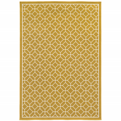 9' X 13' Gold and Ivory Geometric Stain Resistant Indoor Outdoor Area Rug