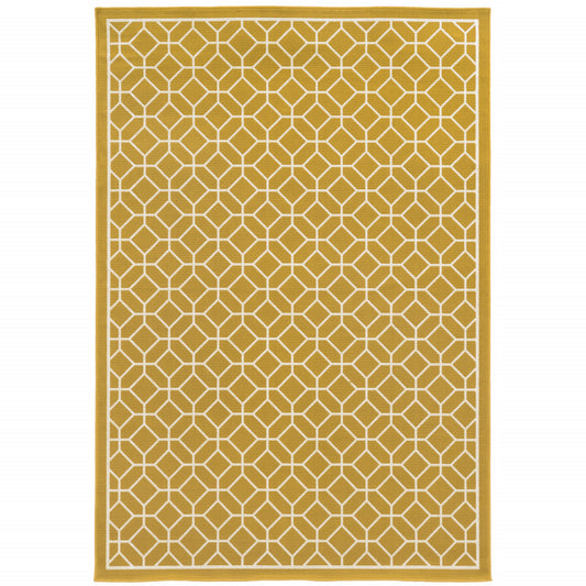 9' X 13' Gold and Ivory Geometric Stain Resistant Indoor Outdoor Area Rug