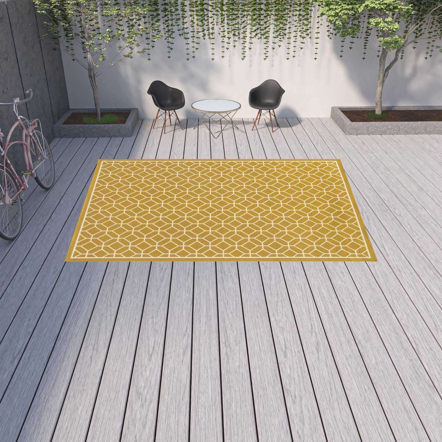 9' X 13' Gold and Ivory Geometric Stain Resistant Indoor Outdoor Area Rug