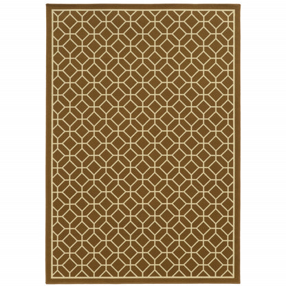 9' X 13' Brown and Ivory Geometric Stain Resistant Indoor Outdoor Area Rug