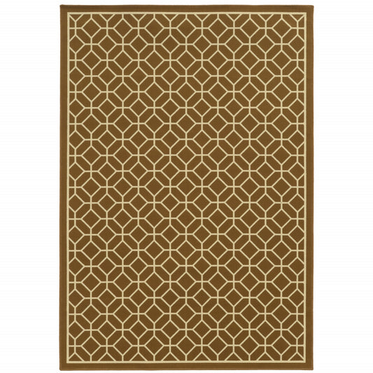 9' X 13' Brown and Ivory Geometric Stain Resistant Indoor Outdoor Area Rug