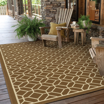 9' X 13' Brown and Ivory Geometric Stain Resistant Indoor Outdoor Area Rug