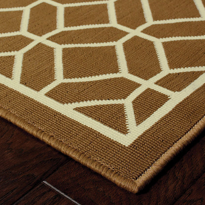 9' X 13' Brown and Ivory Geometric Stain Resistant Indoor Outdoor Area Rug