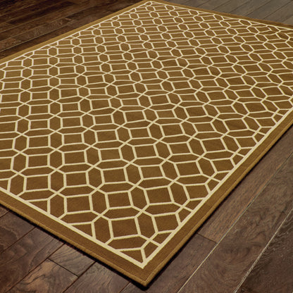 9' X 13' Brown and Ivory Geometric Stain Resistant Indoor Outdoor Area Rug