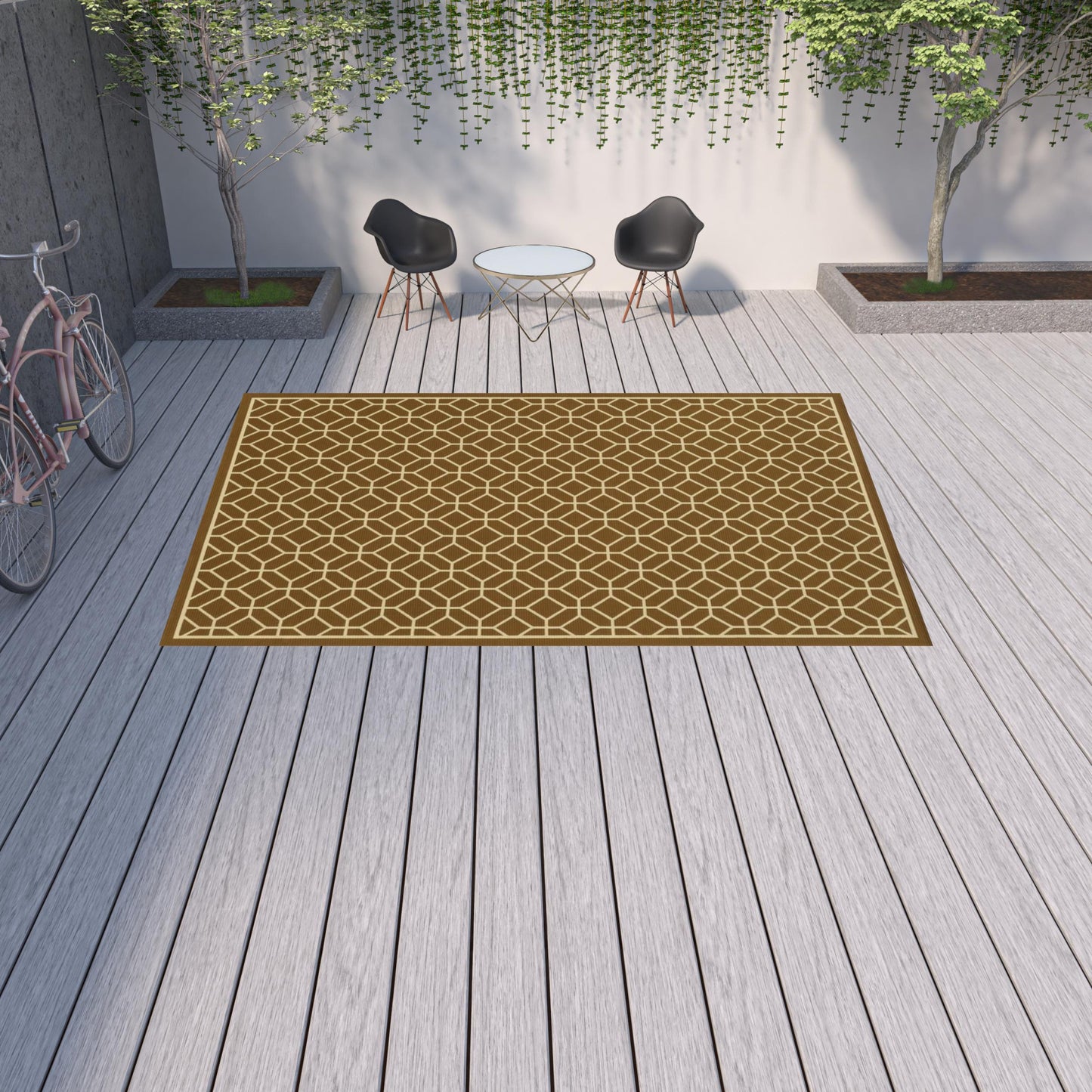 9' X 13' Brown and Ivory Geometric Stain Resistant Indoor Outdoor Area Rug