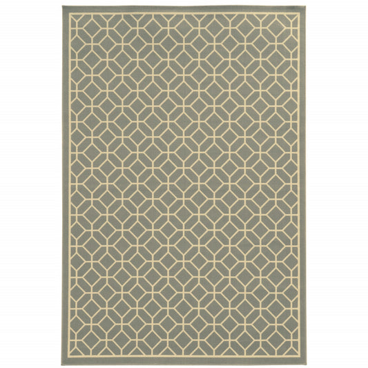 9' X 13' Gray and Ivory Geometric Stain Resistant Indoor Outdoor Area Rug