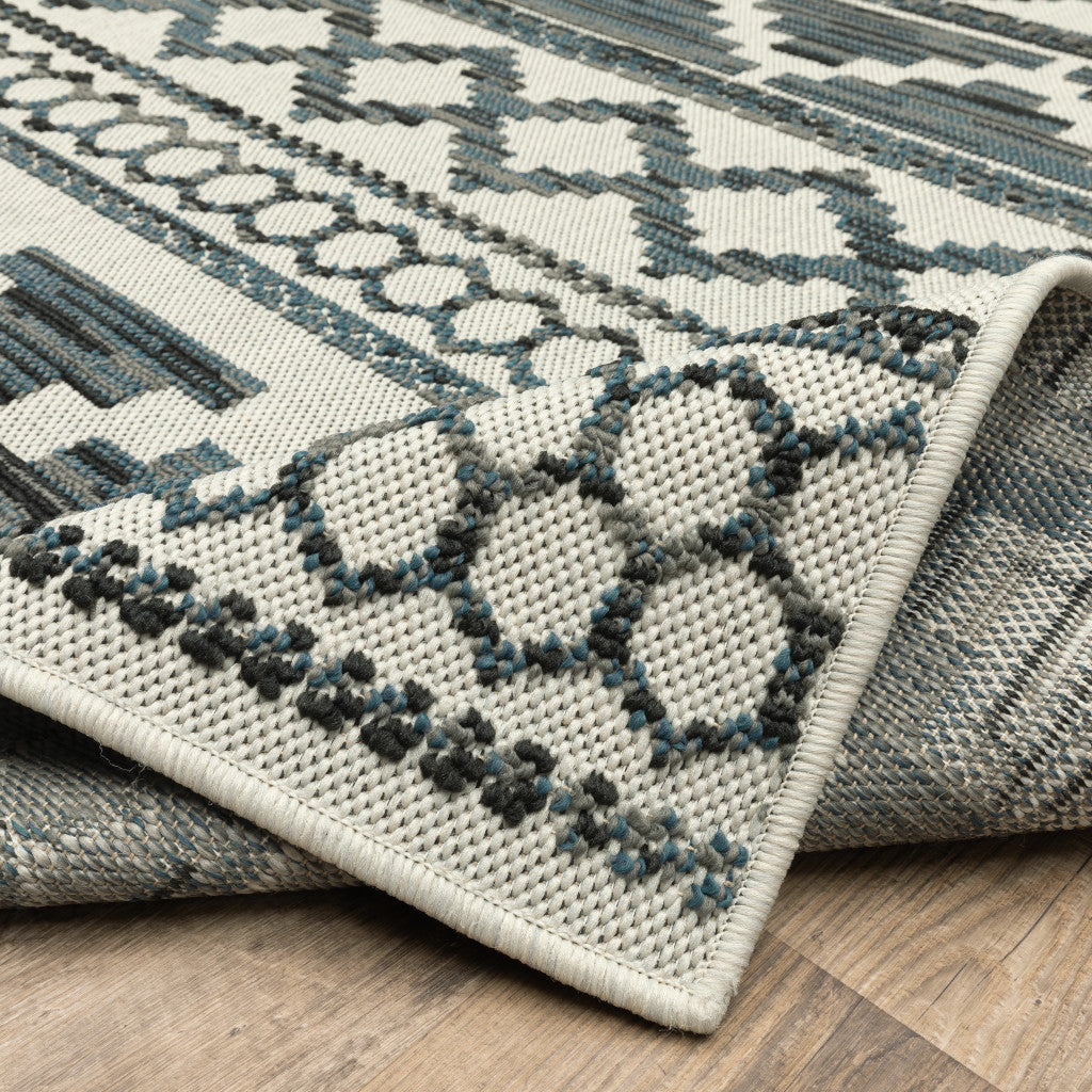 2' X 7' Blue and Beige Geometric Stain Resistant Indoor Outdoor Area Rug