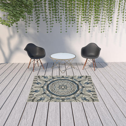 5' X 7' Blue and Beige Geometric Stain Resistant Indoor Outdoor Area Rug