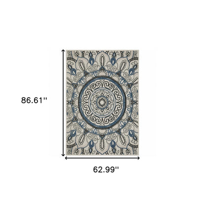 5' X 7' Blue and Beige Geometric Stain Resistant Indoor Outdoor Area Rug