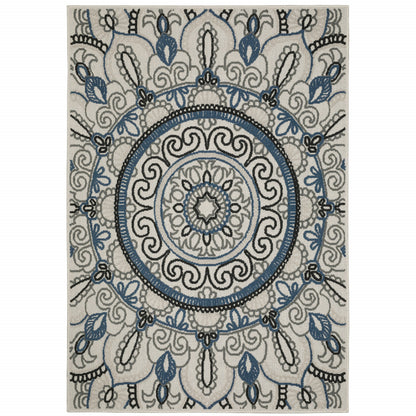 5' X 7' Blue and Beige Geometric Stain Resistant Indoor Outdoor Area Rug