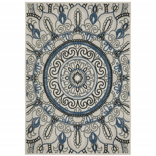 5' X 7' Blue and Beige Geometric Stain Resistant Indoor Outdoor Area Rug