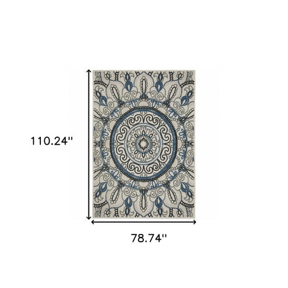 7' X 9' Blue and Beige Geometric Stain Resistant Indoor Outdoor Area Rug