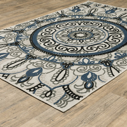 7' X 9' Blue and Beige Geometric Stain Resistant Indoor Outdoor Area Rug