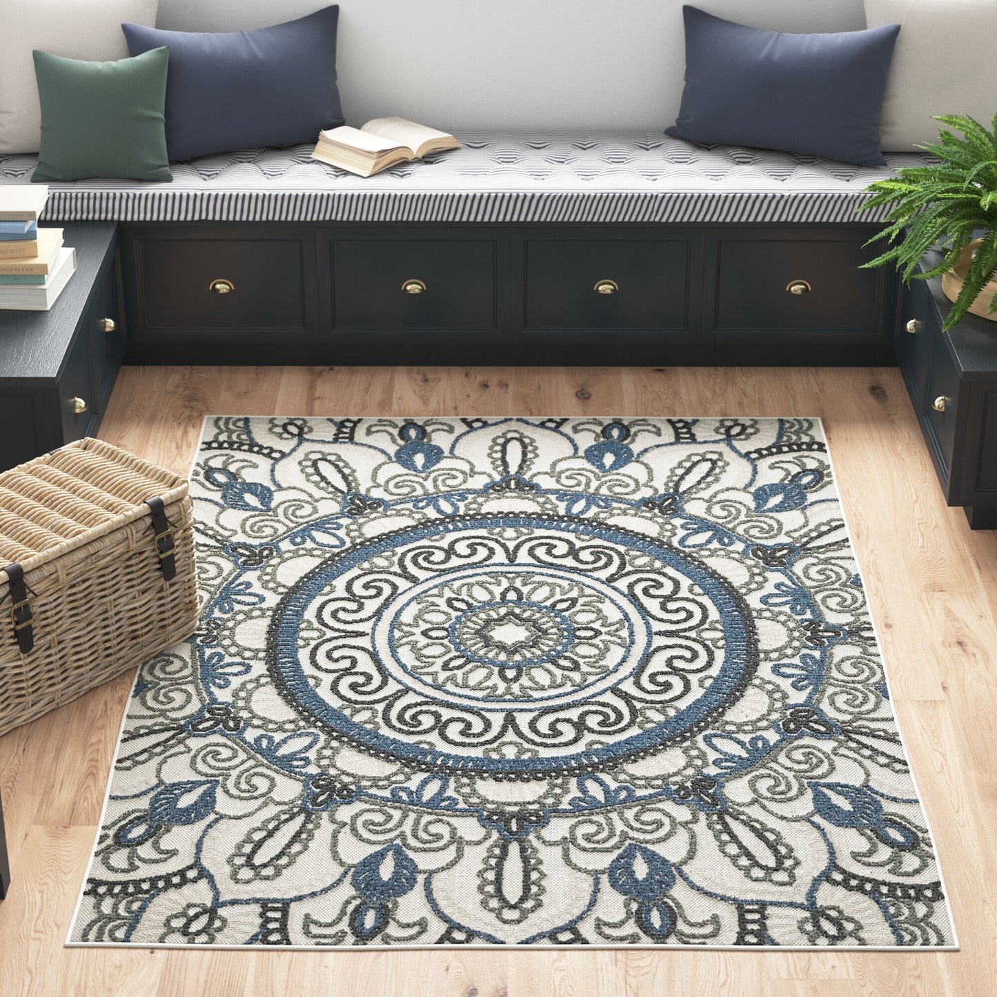 8' X 10' Blue and Beige Geometric Stain Resistant Indoor Outdoor Area Rug