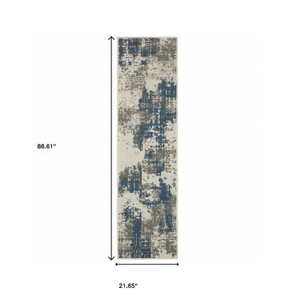 2' X 7' Blue and Beige Abstract Stain Resistant Indoor Outdoor Area Rug