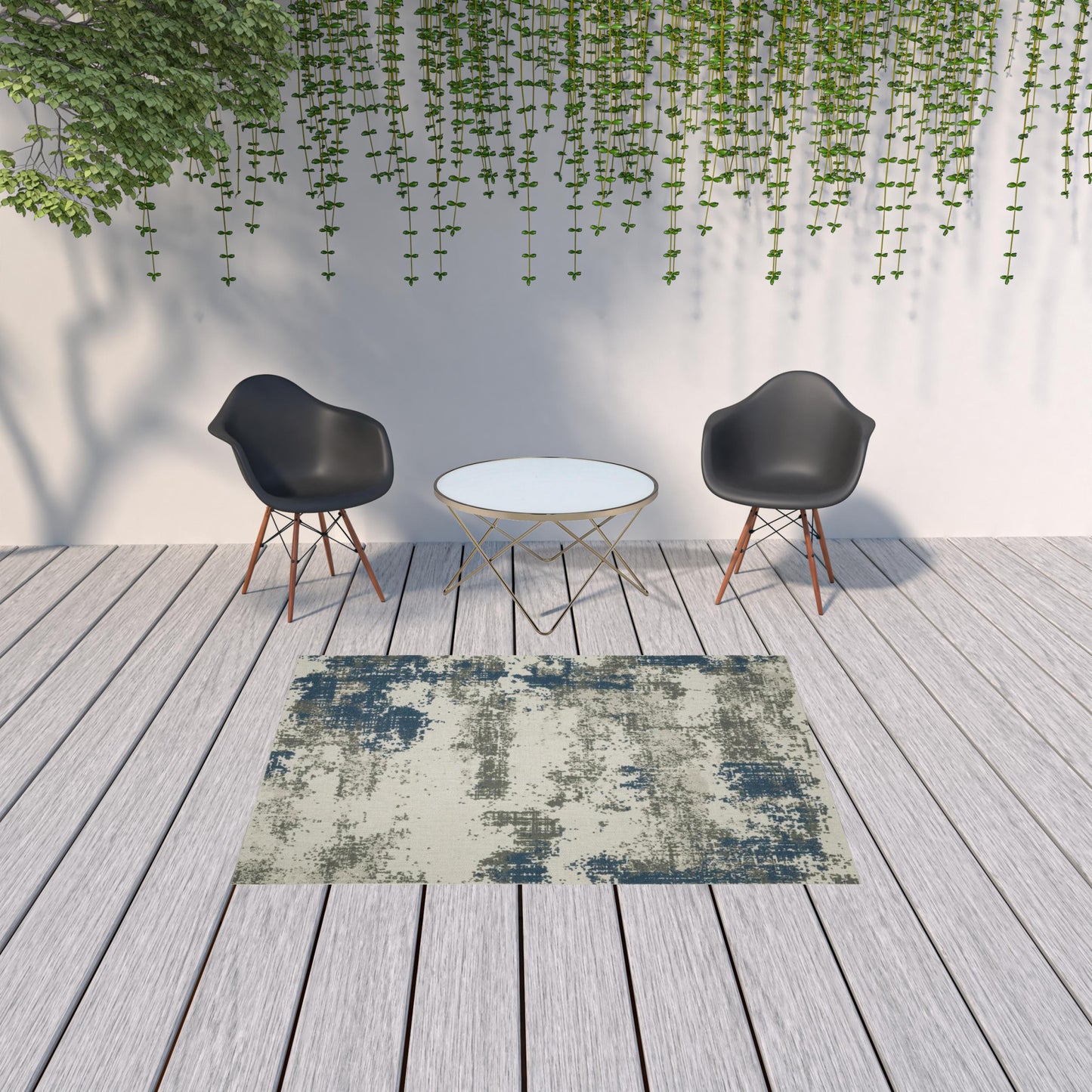 5' X 7' Blue and Beige Abstract Stain Resistant Indoor Outdoor Area Rug