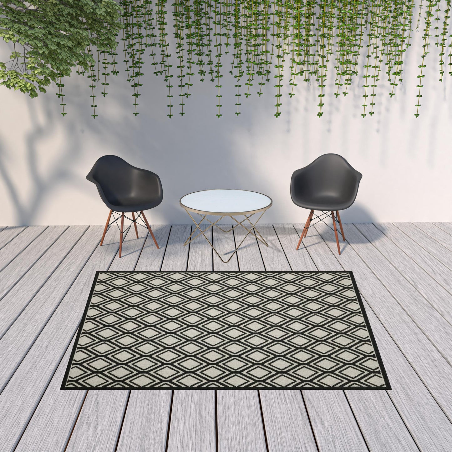 7' X 9' Beige and Black Geometric Stain Resistant Indoor Outdoor Area Rug