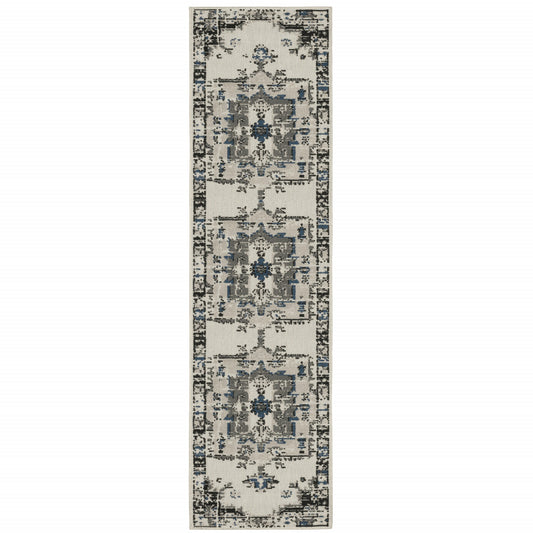 2' X 7' Blue and Beige Oriental Stain Resistant Indoor Outdoor Area Rug