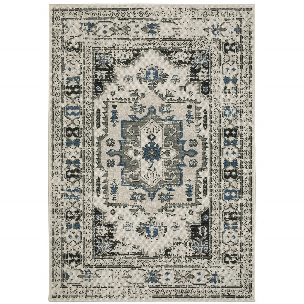 3' X 5' Blue and Beige Oriental Stain Resistant Indoor Outdoor Area Rug