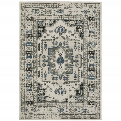 5' X 7' Blue and Beige Oriental Stain Resistant Indoor Outdoor Area Rug