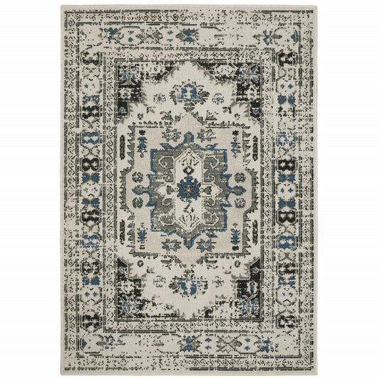 5' X 7' Blue and Beige Oriental Stain Resistant Indoor Outdoor Area Rug