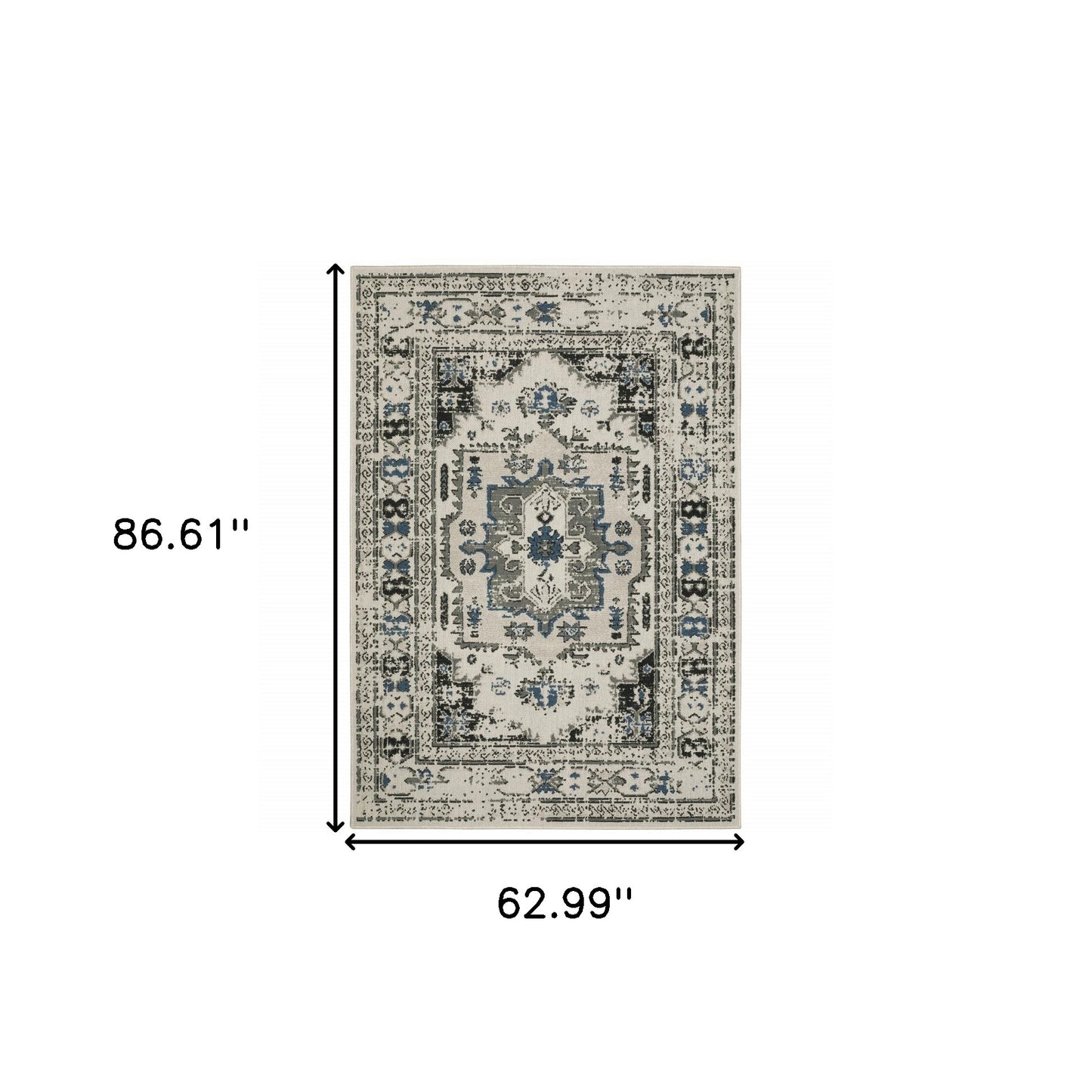 5' X 7' Blue and Beige Oriental Stain Resistant Indoor Outdoor Area Rug