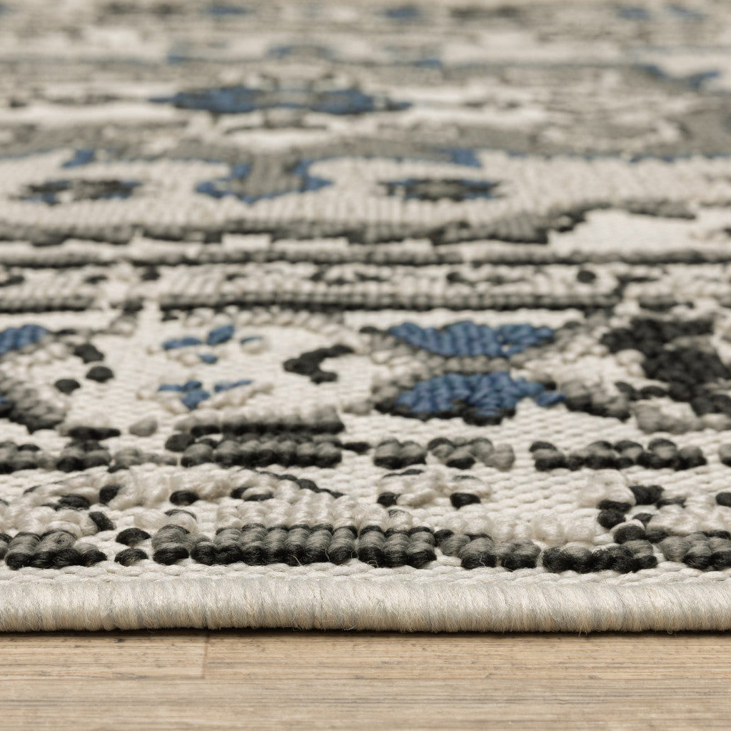 5' X 7' Blue and Beige Oriental Stain Resistant Indoor Outdoor Area Rug