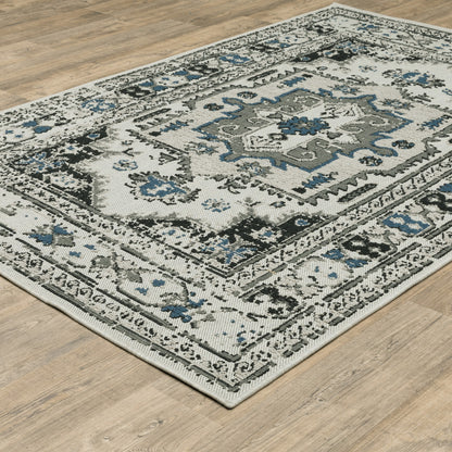 5' X 7' Blue and Beige Oriental Stain Resistant Indoor Outdoor Area Rug